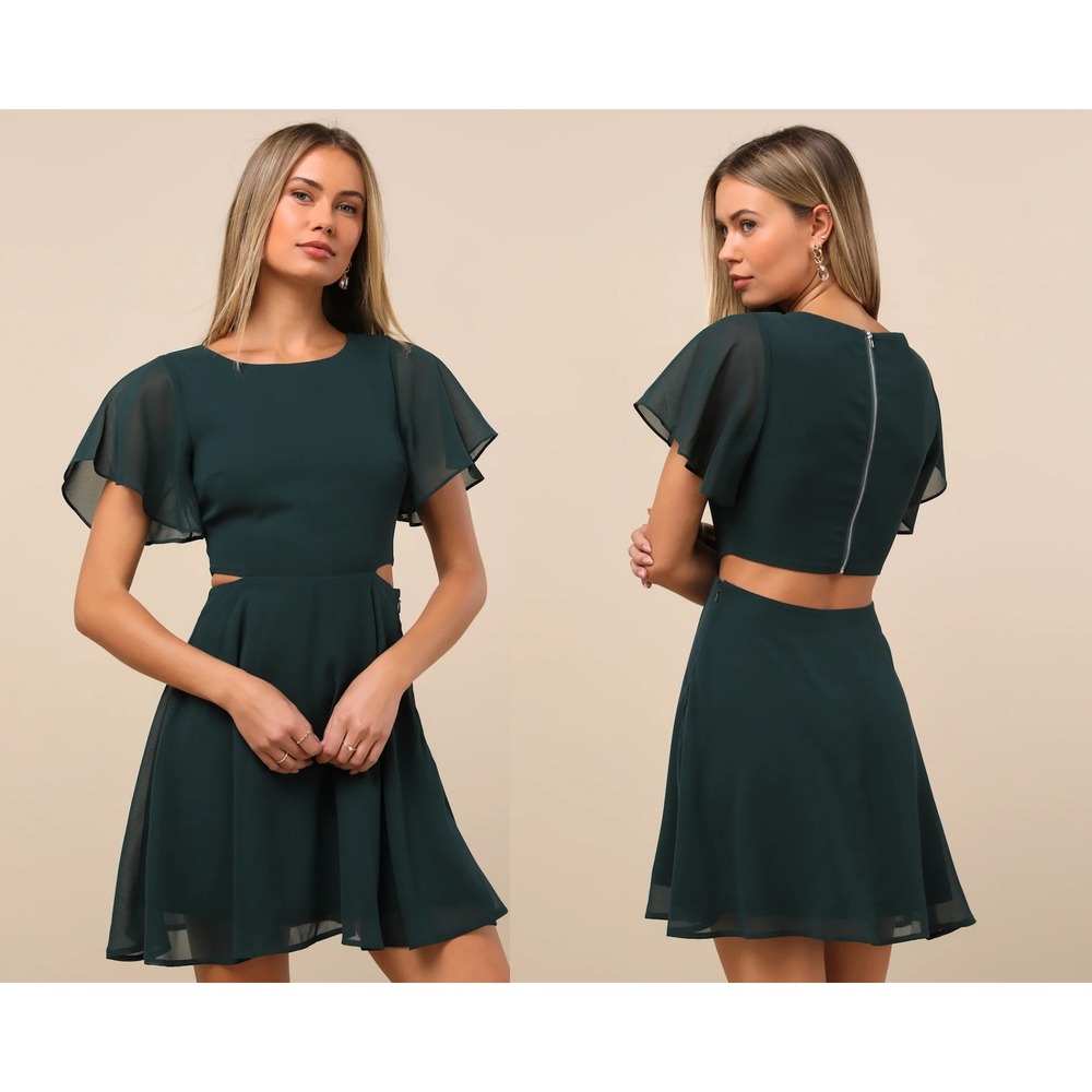 Lulus Blissful Love Dark Green Cutout Mini Skater Dress Size XL‎